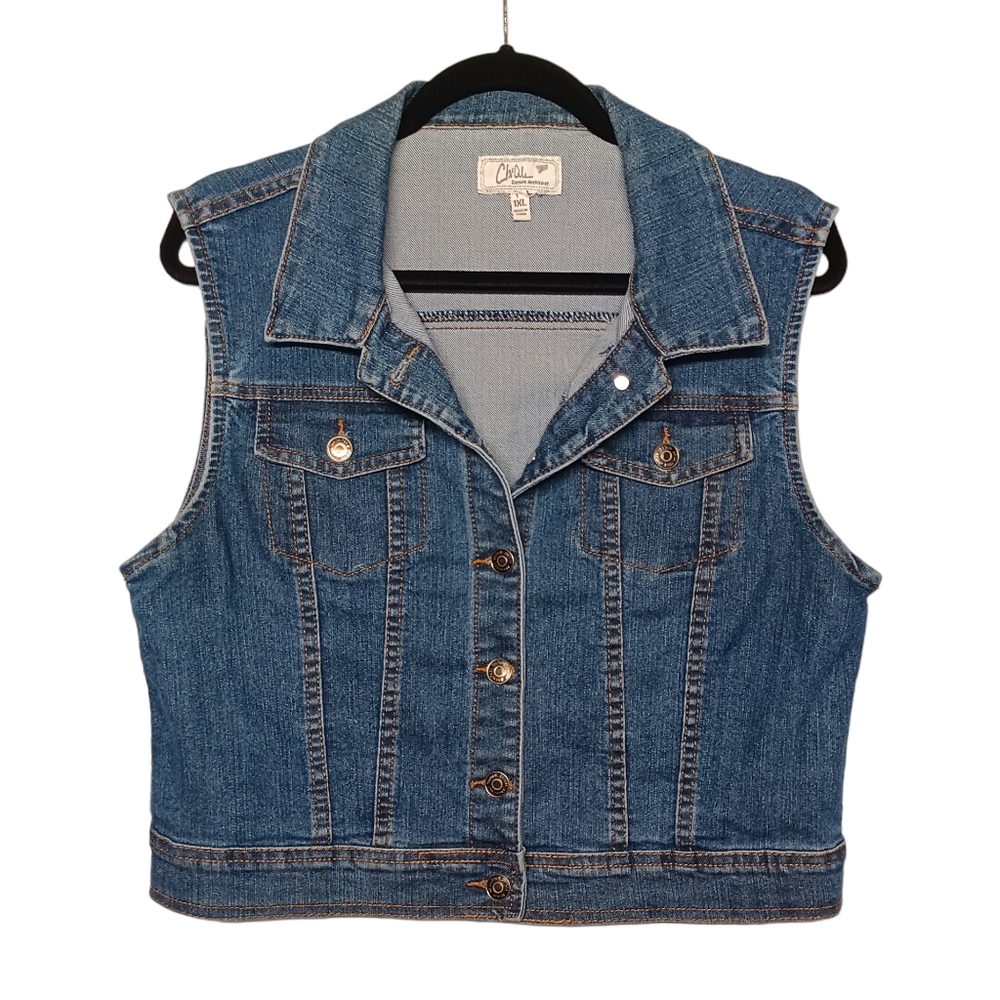 CHIQLE Medium Blue Wash Sleeveless Button Front Jean Denim Vest 1XL